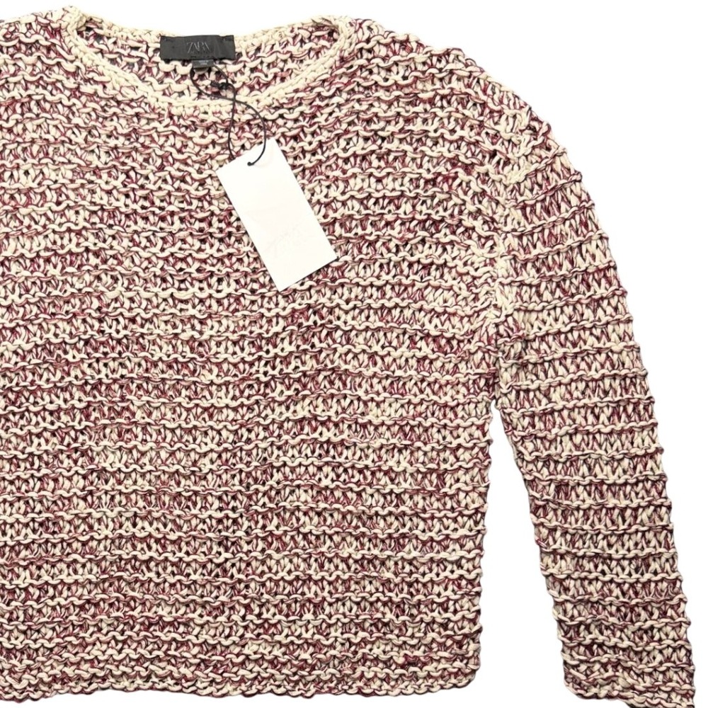 Zara NWT Open Knit Sweater Burgundy Cream Cotton Linen Small